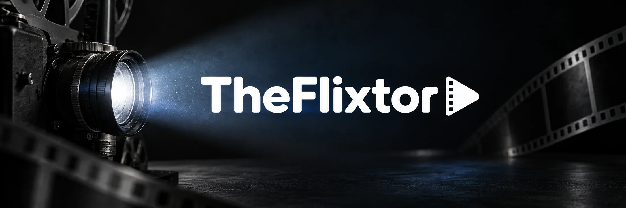 TheFlixtor white lettering beside a cinema projector and film-strip play mark